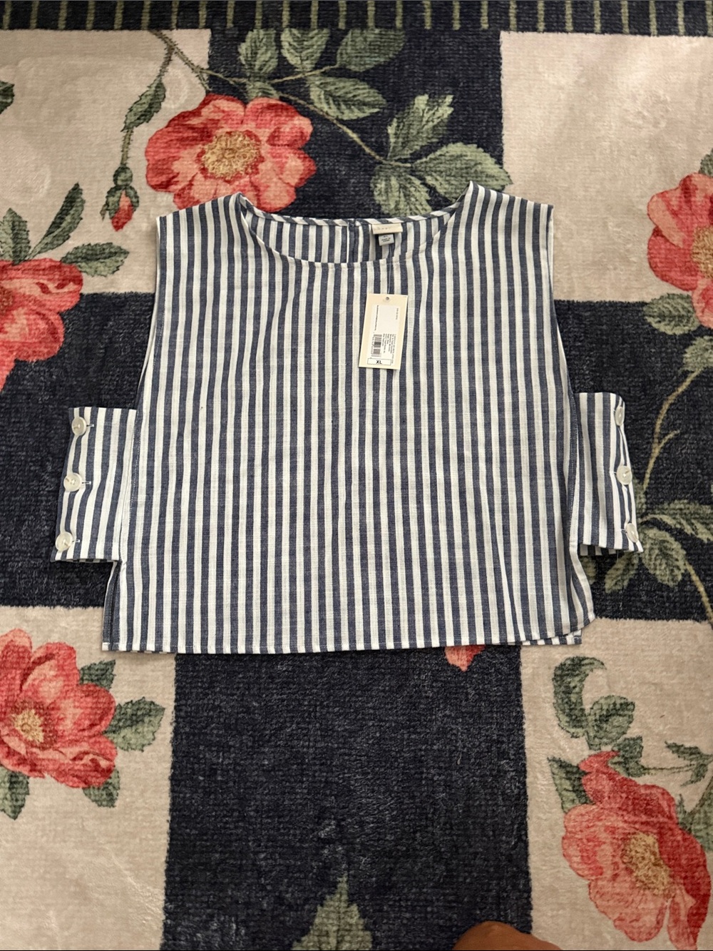 Navy & White Striped Button-Sleeve Top